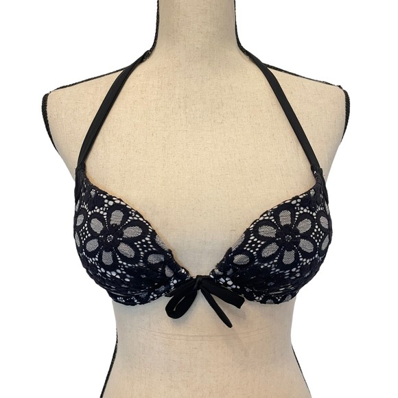 VICTORIA'S SECRET BLACK & WHITE FLORAL CUTOUT PUSHUP BIKINI TOP 34A - Picture 1 of 7